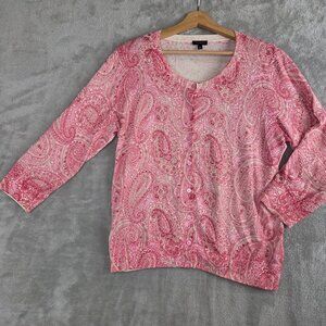 Talbots Pink Paisley Floral Button-Front Cardigan, Size Large